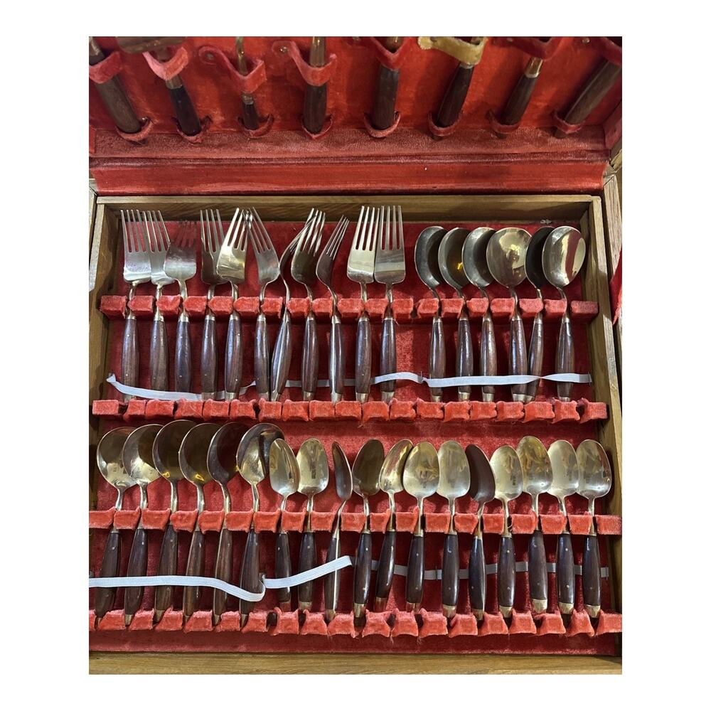 Vintage Thai Brass and Rosewood Flatware Set In Box - Svc for Twelve 142 PC READ